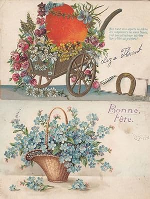 Bonne Fete 3D Raised Wheelbarrow Of Flowers 2x Antique French Floral Postcard s