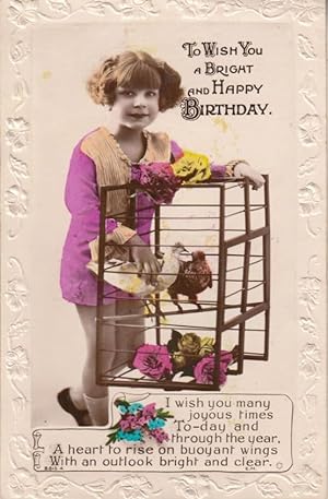 Girl Traps Garden Wren Birds In Cage Antique Birthday Greetings Postcard