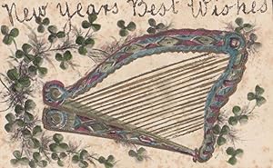 Musical Harp REAL GLITTER ANTIQUE Postcard