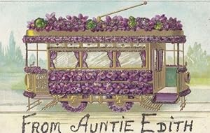 The Name EDITH Giant Floral Bus Tram Transport REAL GLITTER ANTIQUE Postcard