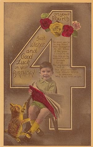Happy 4th Birthday Cat Reads This Is Your Life Type Red Book Real Photo Greetings Postcard