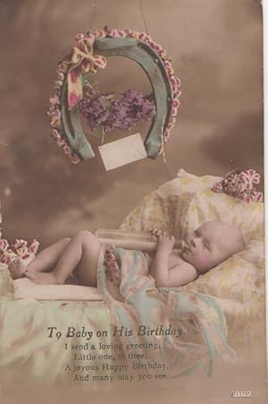 Baby with Dummy Feeding Bottle Antique Birthday Greetings Postcard