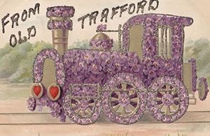 Old Trafford ANTIQUE REAL GLITTER Purple Floral TRAIN Manchester Old Postcard