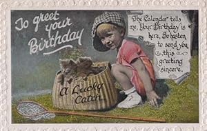 Cats Caught In Fishing Basket Child With Fish Rod Cat Hat Antique Photo Postcard