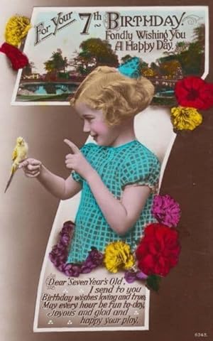 Child Playing With Budgie Bird 7th 7 BirthdayTalking To Animals Antique Postcard