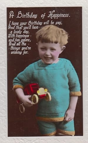 Child With Red Toy Truck Lorry Antique Happy Birthday Old RPC Postcard