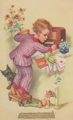 Boy In Striped Pyjamas + Antique Gramophone Radio Christmas Message Postcard