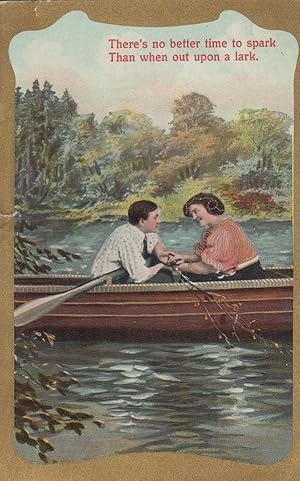 Lovers Holding Hands On Boat Barge Canal Spark Of Love Antique Postcard