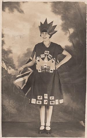 Girl In Union Jack Dress Made Of Flags & Cards Antique Theatre Real Photo Postcard
