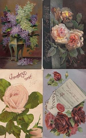 4x Real Glitter Floral Greeting Postcard s