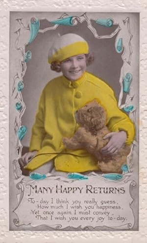 Child In Antique Victorian Yellow Wool Coat Hat Cuddling Toy Dog Animal Postcard