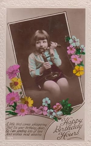 Child With Antique Telephone Happy Birthday Real Photo Old Postcard