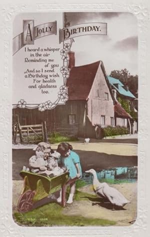 Dog Puppy In Wheelbarrow Farming Farm Cottage Swan Antique Photo Real Postcard