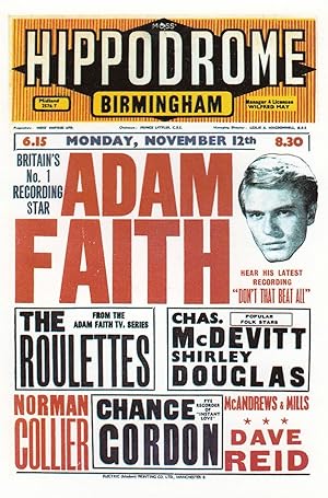 Adam Faith Live in Birmingham Hippodrome in 1950s Theatre Poster Postcard