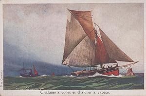 French Steam Trawler Trawlers On Storm Stormy Sea Painting Antique Postcard