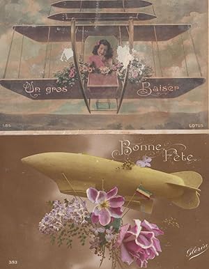 Two French France Old Antique Aircraft Plane Bonne Fete 2x Postcard s