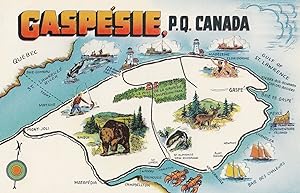 Gaspesie Quebec Map incl Fishing Boats Deer Canada Postcard
