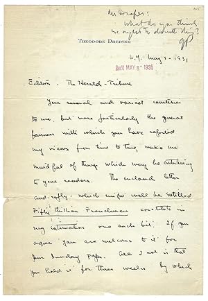 Autograph letter signed ("Theodore Dreiser") to Geoffrey Parsons of the New York Herald Tribune, ...