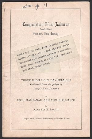 Three High Holy Day Sermons, Delivered from the pulpit of Temple B'nai Jeshurun on Rosh Hashanah ...