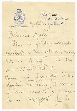 Autograph letter signed, addressed "Carissimo Maestro," most likely the distinguished conductor A...