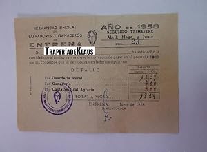 HERMANDAD SINDICAL DE LABRADORES Y GANADEROS IMPUESTO RECIBO EN ENTRENA LA RIOJA. 1961. TDKP12