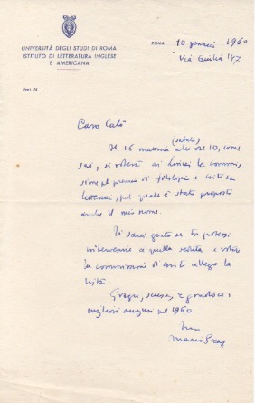 Lettera autografa firmata inviata a "Caro Calò".
