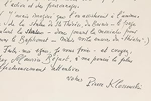 Lettre autographe signée au chorégraphe Maurice Béjart