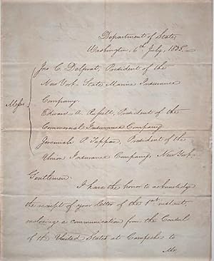 1835 HANDWRITTEN LETTER (ALS) FROM THE SECRETARY OF STATE TO THE PRESIDENTS OF THREE INSURANCE CO...
