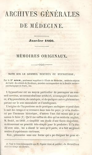 Note sur le sommeil nerveux ou hypnotisme. In : Archives générales de médecine, janvier 1860.