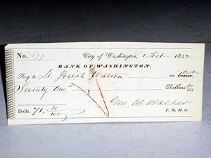 Original 1842 Paymaster's Check to Washington, D.C. Officer, Lt. Josiah Watson, February 1, 1842