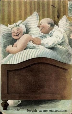 Künstler Ansichtskarte / Postkarte Huber, O., Joseph tu me chatouilles, Dickes Ehepaar im Bett