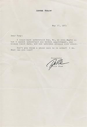 Typed Letter to Tony Galli, Signed By Artie Shaw
