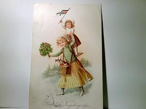 Herzliche Neujahrsgrüße. Alte patriotische Präge - AK farbig, gel.1915. 2 Mädchen mit Glücksklee ...