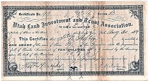 UTAH LAND INVESTMENT AND TRUST ASSOCIATION: STOCK CERTIFICATE, AUGUST 30, 1889