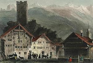 St. Gothard Hospital Switzerland c.1850 Bartlett engraved old hand color print