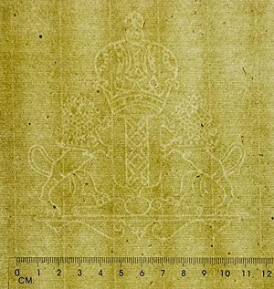 Folded sheet of blank laid paper with watermark KVS on the left hand side and Amsterdam on the ri...