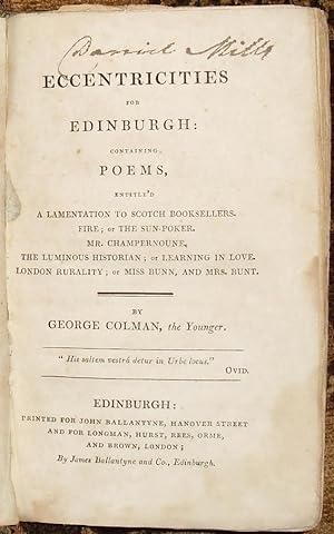 Eccentricities for Edinburgh: Containing Poems, Entitle'd A Lamentation to Scotch Booksellers. Fi...