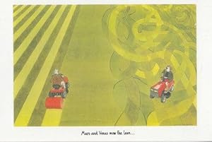 Mars & Venus Mow The Lawn Animal Lawnmowers Painting Postcard