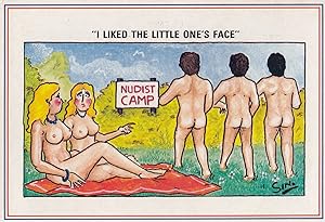 Nudist Camp Comic Queue Of Small **** Men Postcard