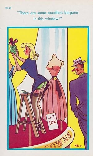 Upskirt Lady In Shop Ballgown Suspenders Dress Vintage Old Comic Humour Postcard