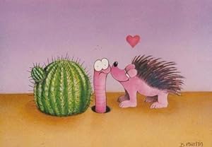 Pink Prickly Hedgehog Kissing Worm Unique Animal Cartoon Postcard