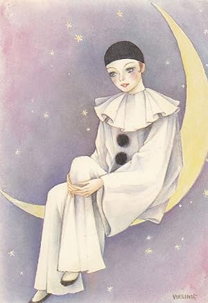 French Female Pierrot On Crescent Moon Postcard