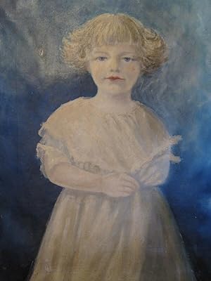 ANTIQUE AMERICAN FOLK ART OIL PAINTING YOUNG BLONDE GIRL WHITE DRESS BLUE EYES