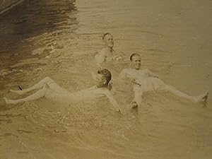ANTIQUE VINTAGE THREE YOUNG MEN WATER PLAY BOAT WHITE SKIN FLOATER GAY INT PHOTO