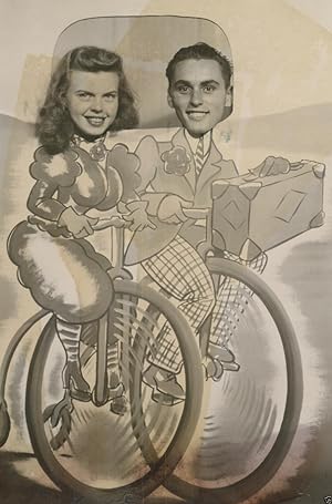 VINTAGE BICYCLES ROADTRIP COUPLE ROMANCE BLONDE BRUNETTE CARTOON LIKE OLD PHOTO
