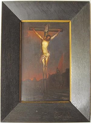 ANTIQUE JESUS ON CROSS RELIGIOUS OIL PAINTING ARTIST MONOGRAM FINE ART DECORATE