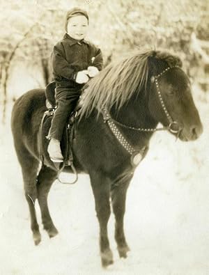 ANTIQUE VINTAGE ARTISTIC HORSE TOY PONY WINTER SNOW YOUNG BOY FINE OLD PHOTO
