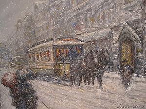 ANTIQUE AMERICAN IMPRESSIONIST PAINTING MANHATTAN STYLE HASSAM NY HORSE TROLLEY
