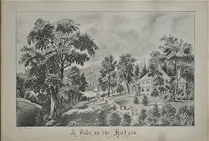 A Villa on the Hudson, a young woman's superb pencil drawing of the image after Currier & Ives, w...
