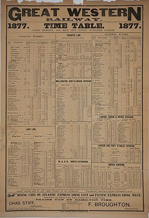 Great Western Railway Time Table, 1877. Canadian railway which served US northeast. Broadside